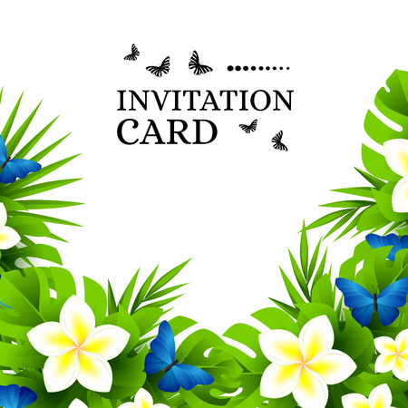 Summer tropical hawaiian background with jungle palm tree leaves, exotic plumeria flowers and blue butterflies.のイラスト素材