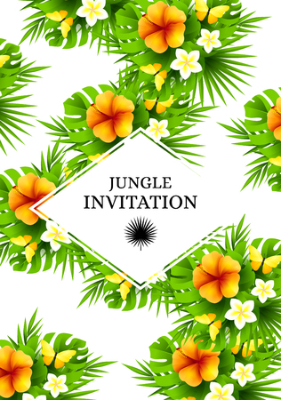 Tropical hawaiian background with jungle palm tree leaves, exotic flowers and yellow butterflies. Vertical vector  invitation banners with hibiscus floral decorations and copy spaceのイラスト素材