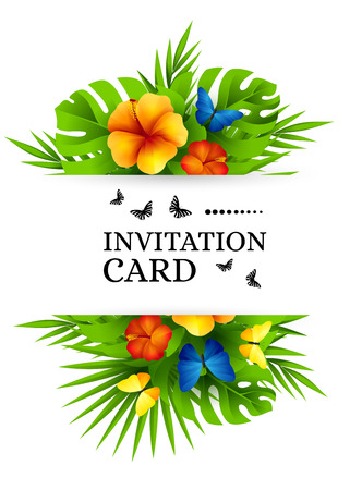 Tropical hawaiian background with jungle palm tree leaves, exotic flowers and rainbow butterflies. Vertical vector  invitation banners with hibiscus floral decorations and copy spaceのイラスト素材