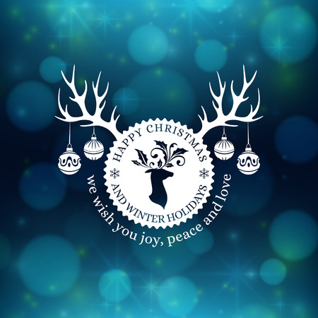 Christmas poster with dark blue abstract vector background. Xmas greeting card with ornament decoration, winter holiday design elements and celebration textのイラスト素材