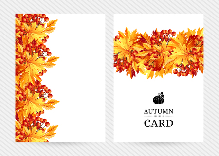 Autumn background with fall maple tree leaves and rowanberry. Vertical vector  invitation banners with season foliage decorations and copy spaceのイラスト素材