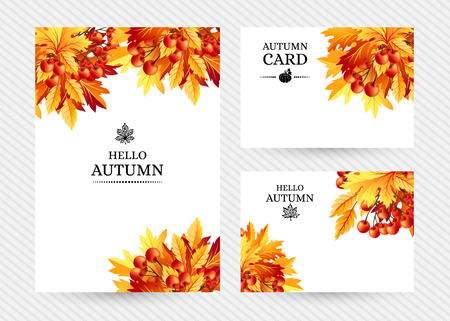 Autumn background with fall maple tree leaves and rowanberry. Vector  banners with season foliage decorations and copy spaceのイラスト素材
