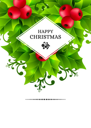 Christmas background with holly leaves, red holly berries and ornamental snowflakes. Winter holiday poster with decorations and greeting text. Vertical vector illustration.のイラスト素材
