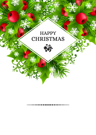 Christmas background with fir branches, holly leaves, red holly berries and glowing snowflakes. Winter holiday poster with decorations and greeting text. Vertical vector illustration.のイラスト素材