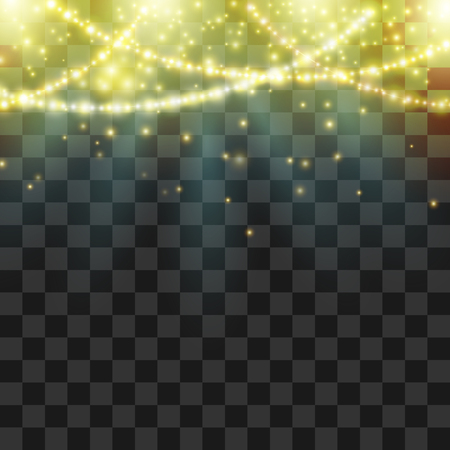Flying magical shiny sparklers and garland. Glow lights effect on transparent background. Vector top border.のイラスト素材