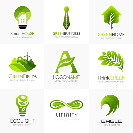 Organic and green logo template collection. Conceptual signs for alternative energy company, natural farming, green technology, bio products store. Bulb, field, letter A, infinity, brain, house icons.のイラスト素材