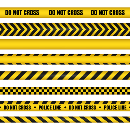 Police line and do not cross ribbons. Yellow danger tapes. Horizontal seamless borders. Vector illustrationのイラスト素材