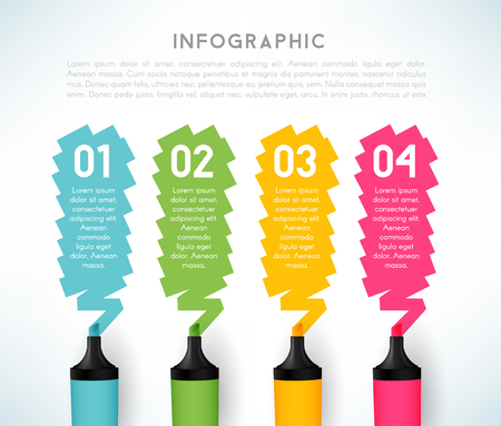 Infographic template with four steps. Pen markers with color text boxes. Conceptual vector illustration for  business presentations or information bannerのイラスト素材