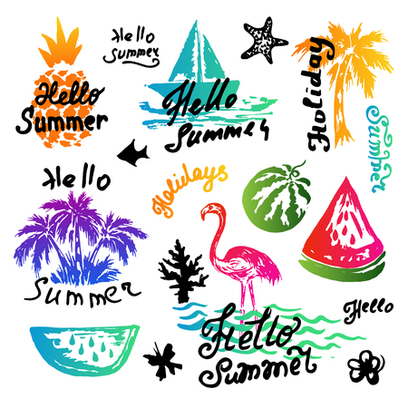 Summer labels and emblems.  Hand drawn design elements and decorations for  tropical and beach vacation and travel. Vector illustration.のイラスト素材