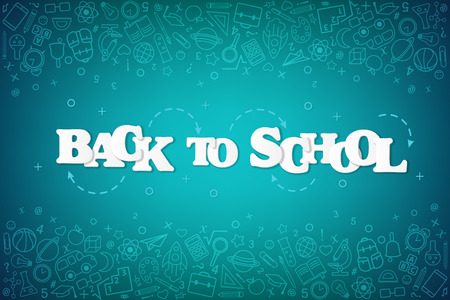 Back to School banner with texture from line art icons of education, science objects and office supplies on the green chalkboard background.のイラスト素材