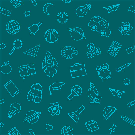 Back to school seamless pattern from education, science objects and office supplies. Blue vector background with line art icons in cyan color.のイラスト素材