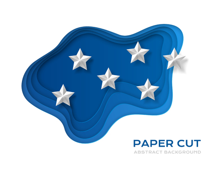 Paper cut design concept for flyers, presentations and posters. Colorful carving art. 3D abstract vector background with blue layers and white stars.のイラスト素材