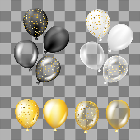 Black, white, gold and with confetti balloons collection. Decorations in realistic style for birthday, anniversary or party design.のイラスト素材