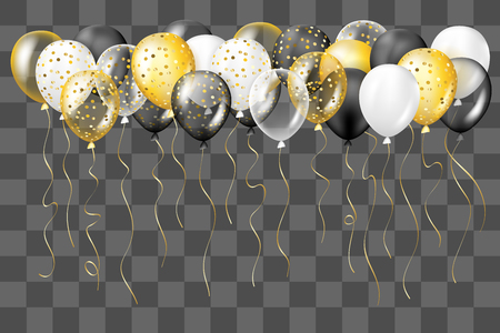 Black, white, gold, transparent and with confetti balloons border. Decorations in realistic style for birthday, anniversary or party design.