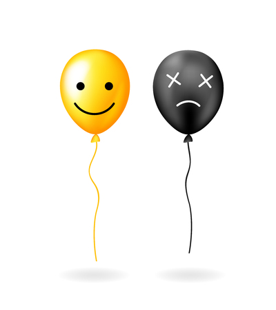 Yellow balloon with smile positive face and black balloon with negative face. Vector conceptual illustrationのイラスト素材