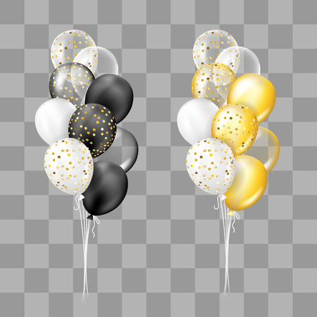 Black and white, gold and white, transparent and with confetti balloons bunch collection. Decorations in realistic style for birthday, anniversary or party design.のイラスト素材