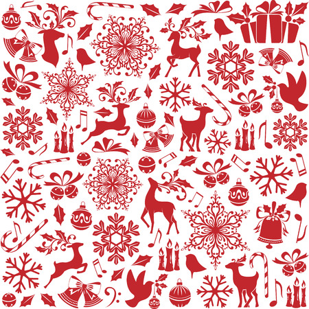 Christmas seamless pattern from holiday elements, icons, symbols and ornaments. Red backgroundのイラスト素材