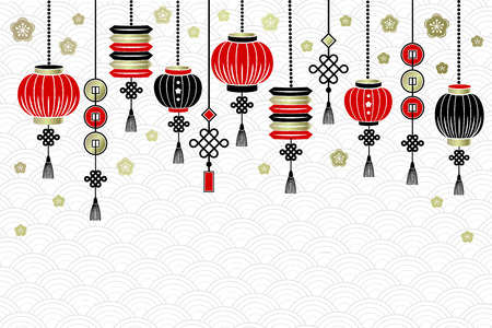 Chinese New Year background with  lanterns, coins, flowersのイラスト素材