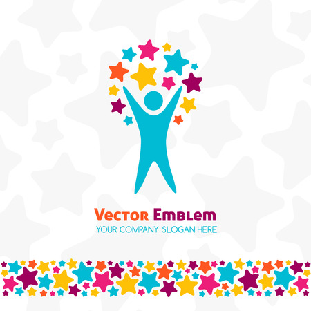 Success logo concept with decoration element. Human with star shapes. Vector icon template for festival, anniversary, birthday or party design, creative education.のイラスト素材