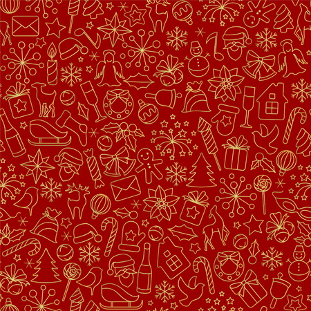 Christmas seamless pattern from winter holiday objects.  Red vector background with golden line art icons.のイラスト素材
