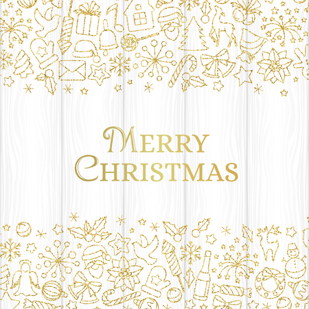 Christmas card with gold line art decorations. Holiday background with wooden texture and season greetingsのイラスト素材