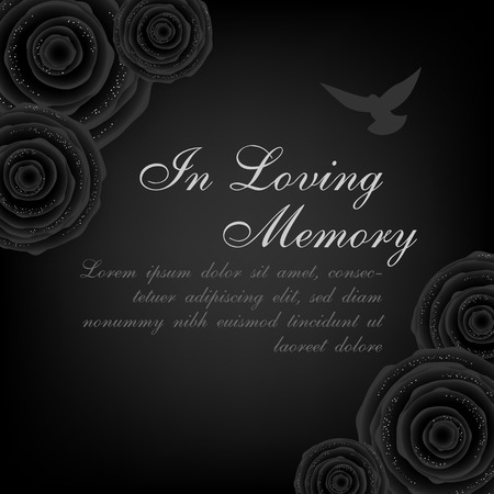 Funeral card. Black roses decorations with flying dove on the dark backgroundのイラスト素材