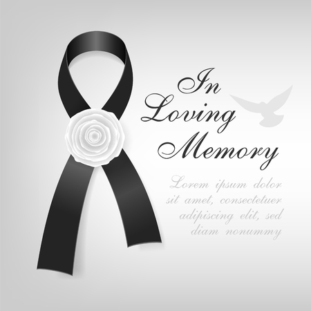 Funeral card. Black awareness ribbon with white rose flower on the light backgroundのイラスト素材