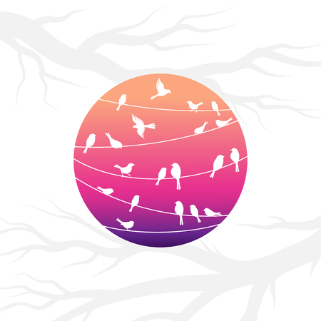 Birds on the lines with branches. Vector decorative silhouettesのイラスト素材