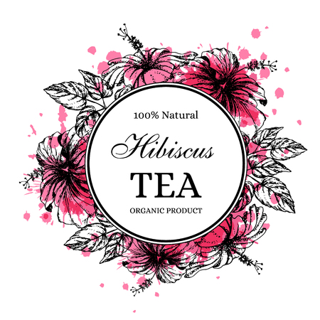 Hibiscus tea label in vintage hand drawn style with color ink decoration elements. Vector illustrationのイラスト素材