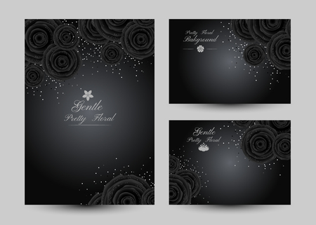 Luxury backgrounds with black glamour roses and platinum confetti. Banners collection. Vertical poster and gift cards.のイラスト素材