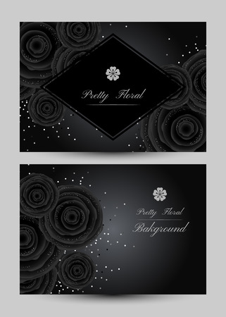 Luxury cards with black glamour roses and platinum confetti. Gift cards template Vector illustration.のイラスト素材