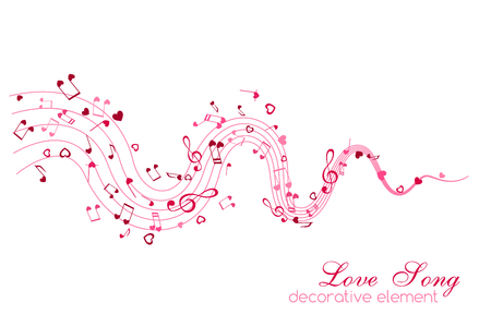 Notes and Hearts on the wavy path. Love Music decoration element isolated on the white background.のイラスト素材