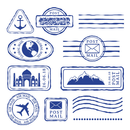 Post stamps with travel decorative elements. Isolated vector signs for design.のイラスト素材
