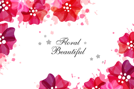 Romantic background with red and pink poppies and paint splashes. Floral design for cosmetics product or wedding invitation. Horizontal banner with corner vignettesのイラスト素材