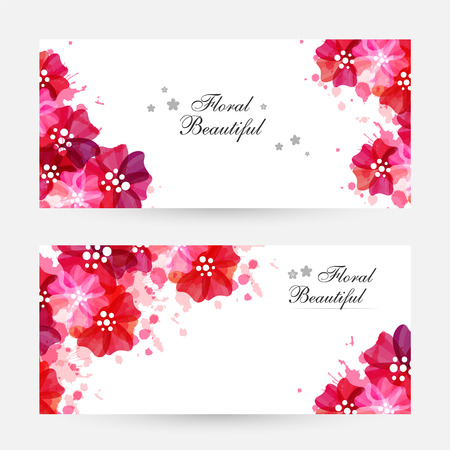 Romantic background with red and pink poppies and paint splashes. Floral design for cosmetics product or wedding invitation. Horizontal flyers.のイラスト素材