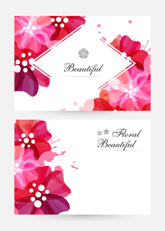 Romantic background with red and pink poppies and paint splashes. Floral design for cosmetics product or wedding invitation. Gift cards templateのイラスト素材
