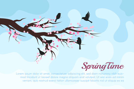 Spring blossom trees with birds. Vector decorative background.のイラスト素材