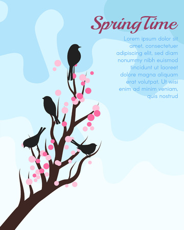 Spring blossom trees with birds. Vector decorative background.のイラスト素材