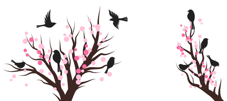 Spring blossom trees with birds. Vector decoration elements.. Horizontal vector banner.のイラスト素材