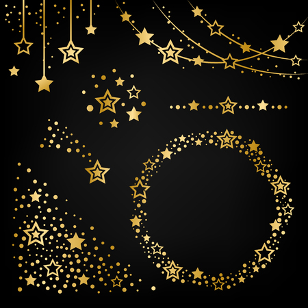Star design elements. Golden decorative ornaments collection. Divider,frame,garland,label and other.のイラスト素材