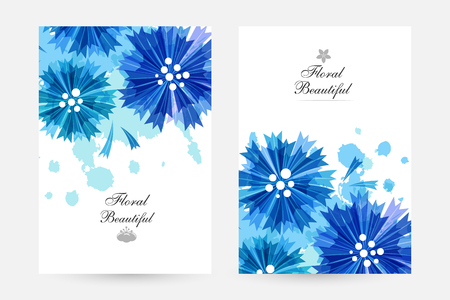 Romantic background with blue cornflowers and paint splashes. Floral design for cosmetics product or wedding invitation. Vertical posters setのイラスト素材
