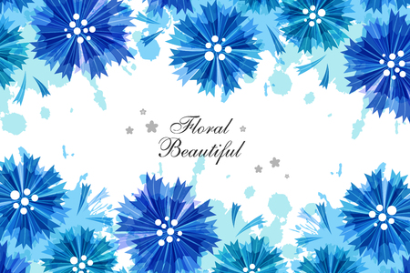 Romantic background with blue cornflowers and paint splashes. Floral design Vector illustration.のイラスト素材