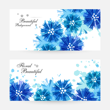 Romantic background with blue cornflowers and paint splashes. Floral design for cosmetics product or wedding invitation. Horizontal flyers with copy spaceのイラスト素材