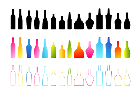 Bottle icons collection. Colorful, black silhouette and linear style.のイラスト素材