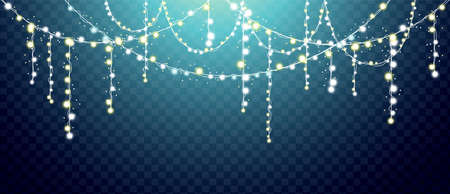 Holiday glowing garland. Light decoration element for event, carnival, christmas, wedding or birthday party design. Horizontal garland with horizontal arch elements and vertical stringsのイラスト素材