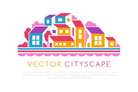 City landscape or hill town illustration in simple flat style. Vector design element with minimal geometric composition. Buildings, trees and water line.のイラスト素材