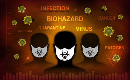 Bio hazard  illustration. Group of mans with mask among pathogens.のイラスト素材