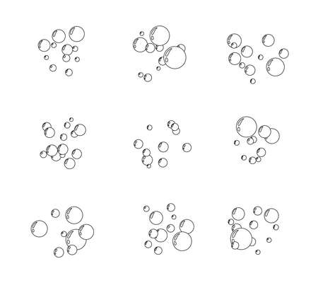 Underwater air bubbles decoration elements. Fizzy water or soap foam texture. Vector isolated outline design element. Icon collection.のイラスト素材