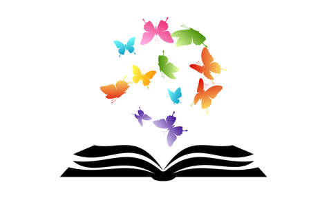 Book with flying up butterflies. Vector isolated decoration element from scattered silhouettes. Conceptual illustration of creative learning and motivation for communication ..のイラスト素材