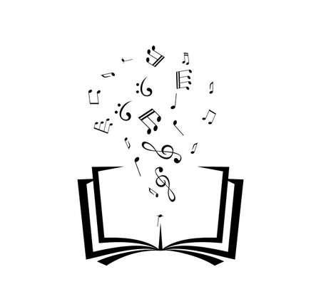 Book with flying up notes. Vector isolated decoration element from scattered silhouettes. Conceptual illustration of creative learning and motivation for communication ..のイラスト素材